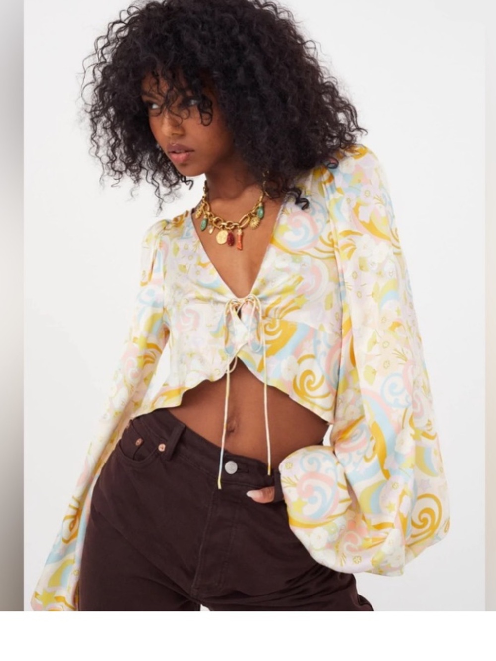 For Love And Lemons Pastel Swirl Tie-Front Crop Top in Yellow, Pink, Blue